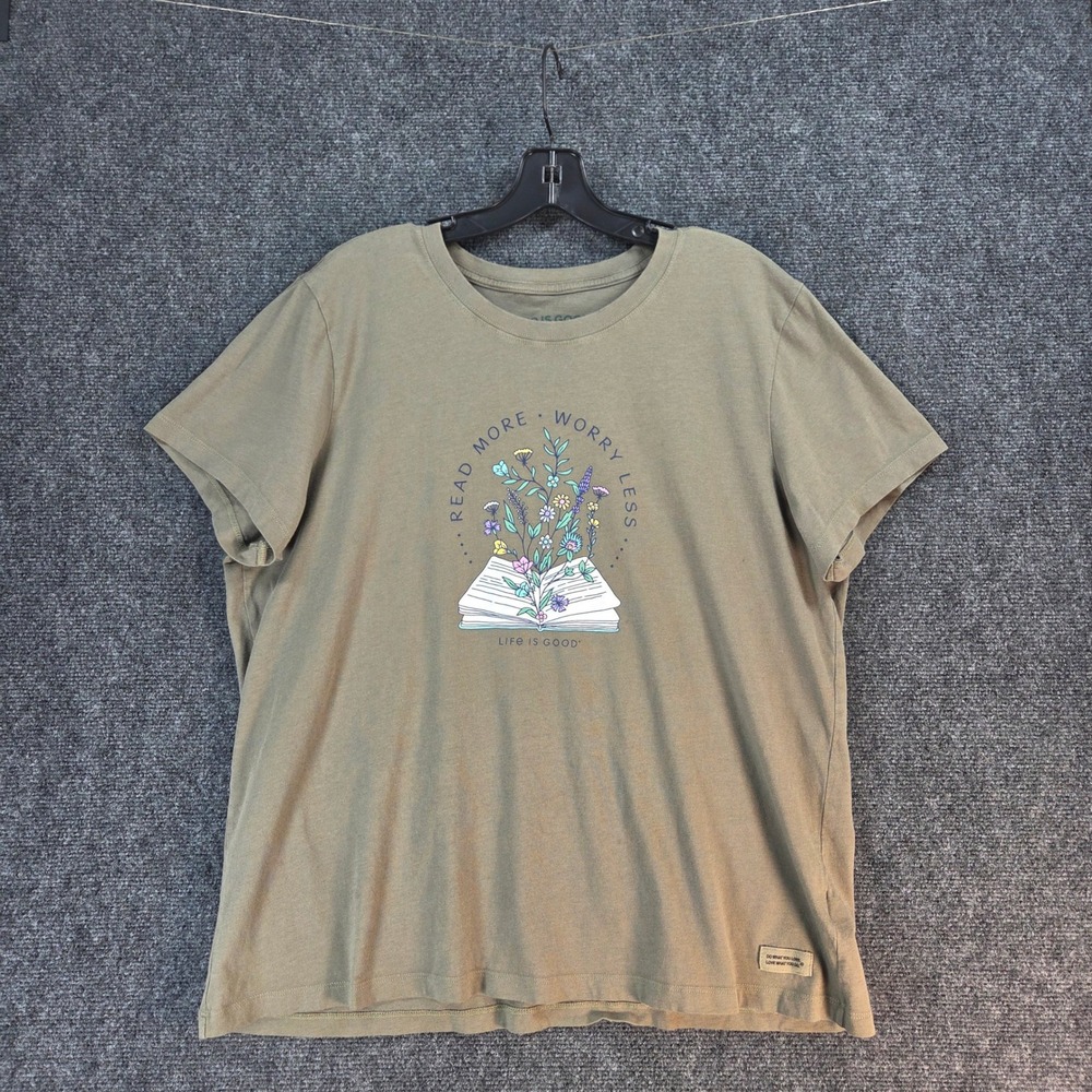 Life Is Good Read More Worry Less Graphic Tee Womens XL Olive Green Cotton - Picture 2 of 11